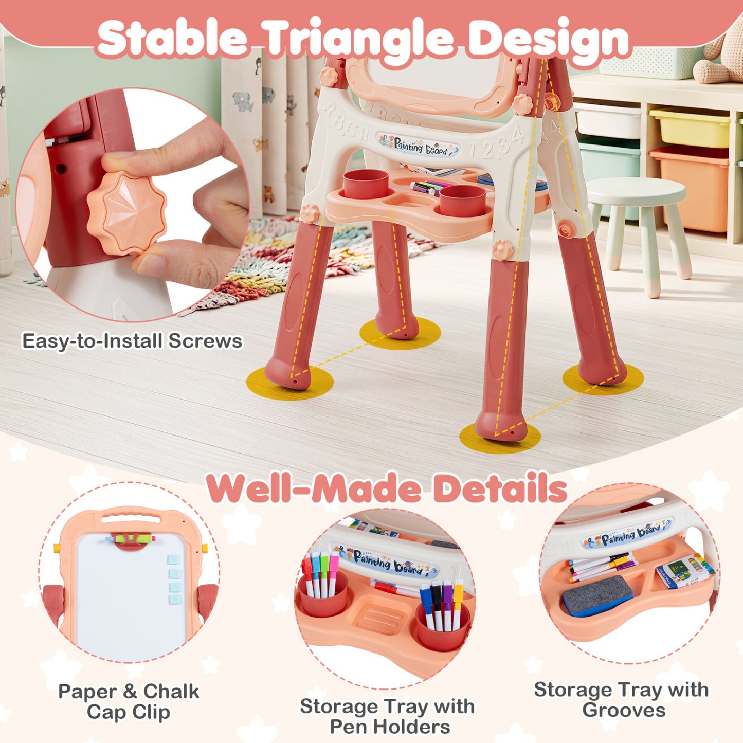 Chevalet de peinture pour enfants, hauteur réglable, rose