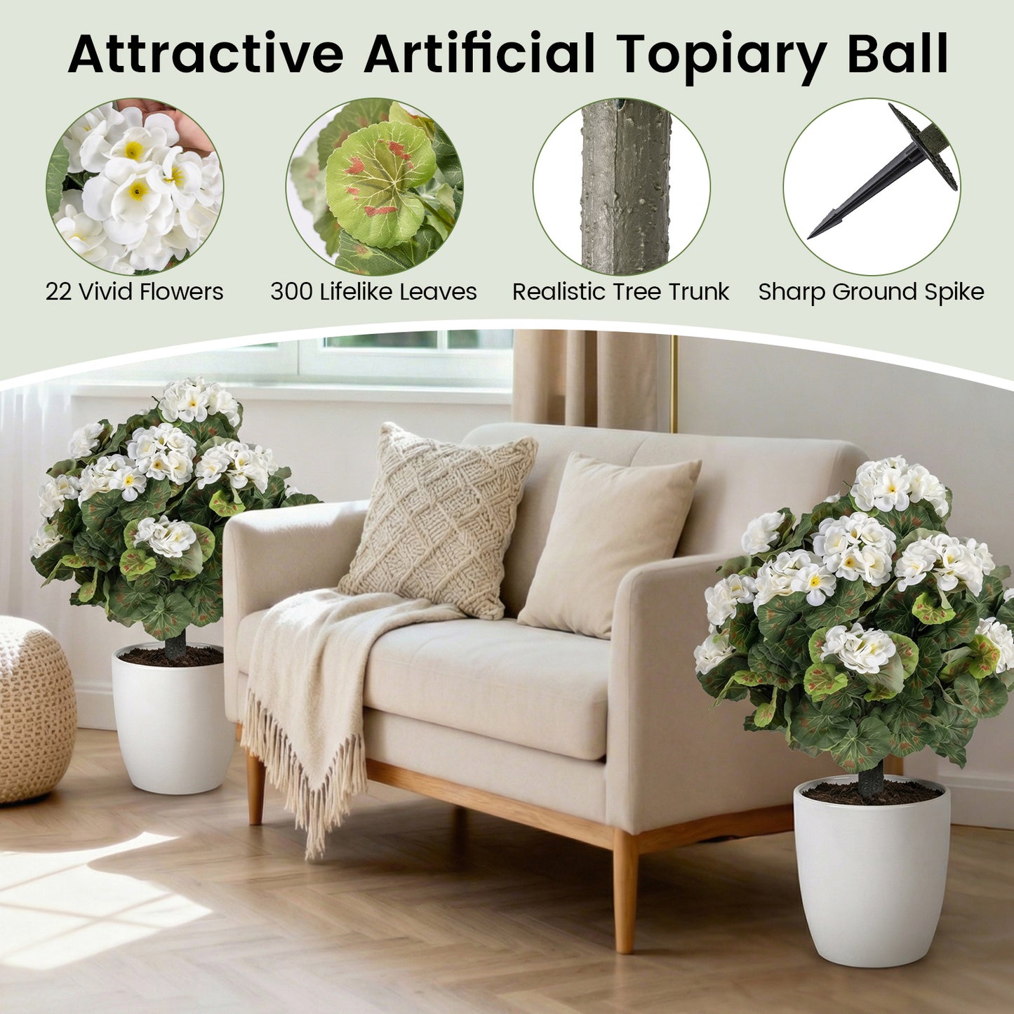 Artificial Begonia Ball Trees, Set of 2, 13 inch, White Faux Plants at Gallery Canada