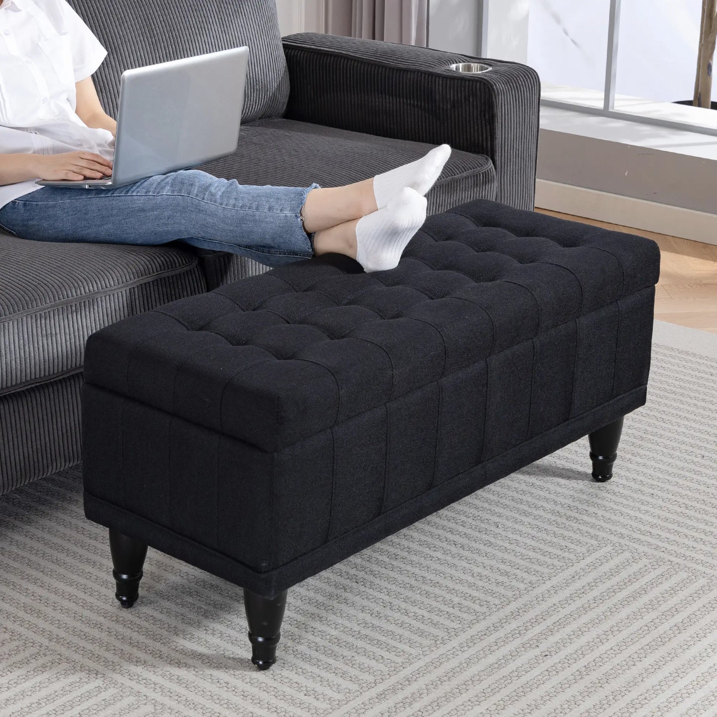 Storage Ottoman, Linen Fabric, Button Tufted, Black Storage Ottomans & Benches at Gallery Canada
