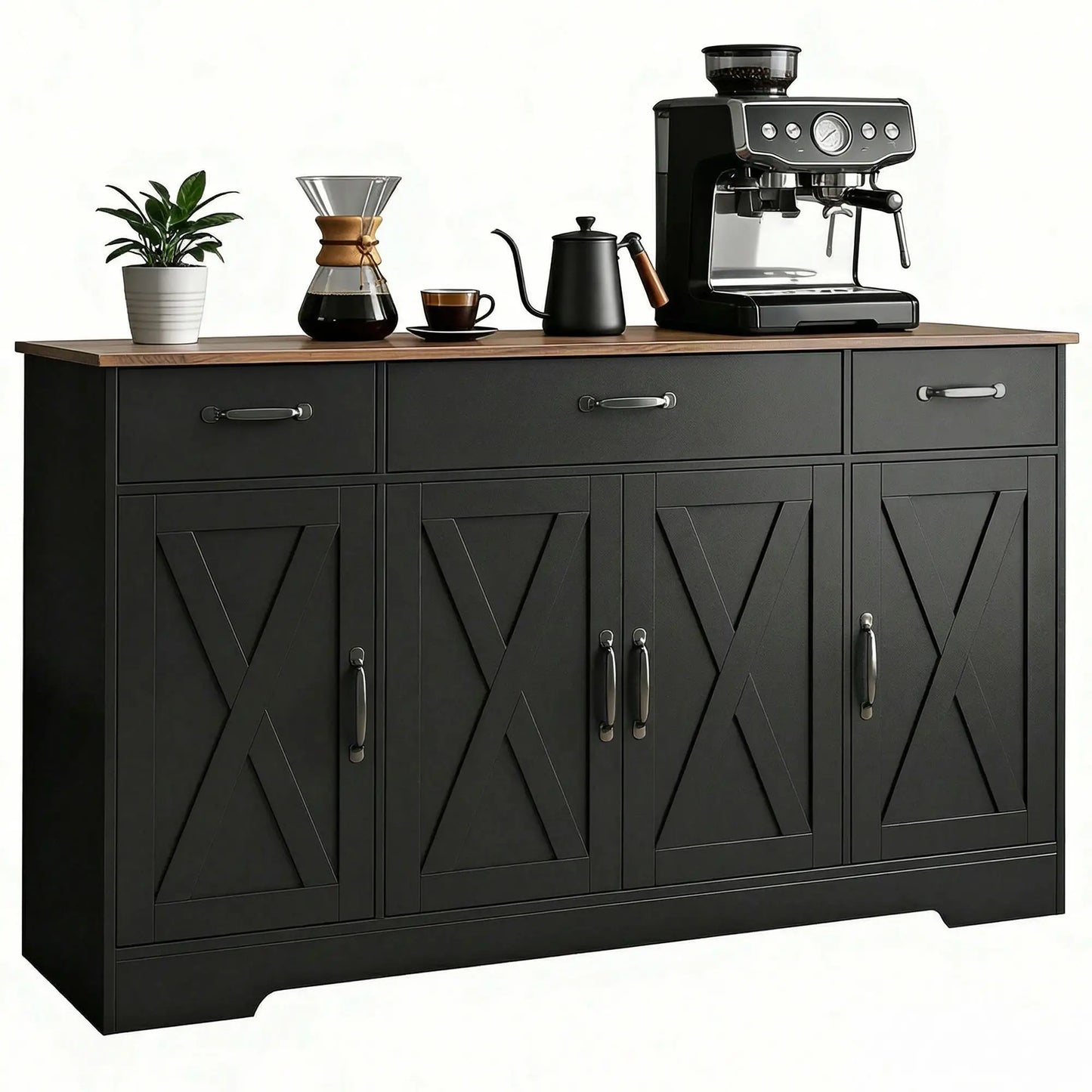 55" Sideboard Buffet Cabinet, Farmhouse Kitchen, 4 Barn Doors, 3 Drawers, Black Bar Cabinets at Gallery Canada