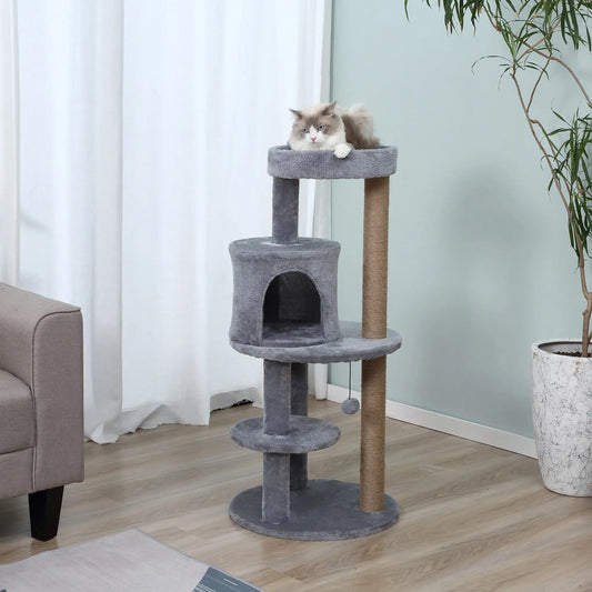 41" Cat Tree Tower with Condo, Scratching Posts, Hanging Ball, Grey Cat Towers Grey at Gallery Canada