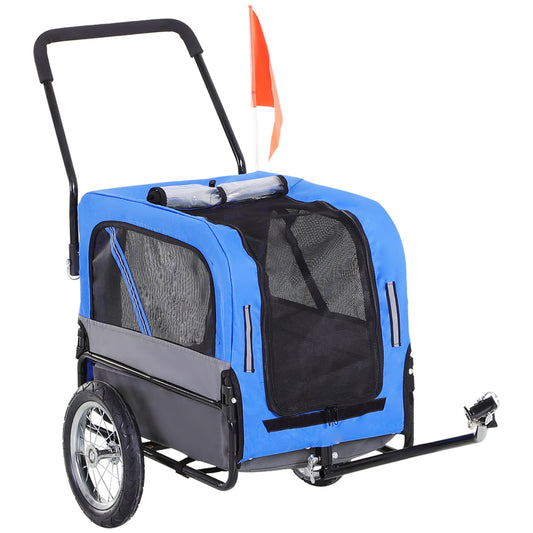 Dog Bike Trailer 2-In-1 Pet Stroller Cart Bicycle Wagon Cargo Carrier Attachment for Travel with 360 Swivel Wheel, Hitch, Suspension, Safety Flag, Blue - Gallery Canada