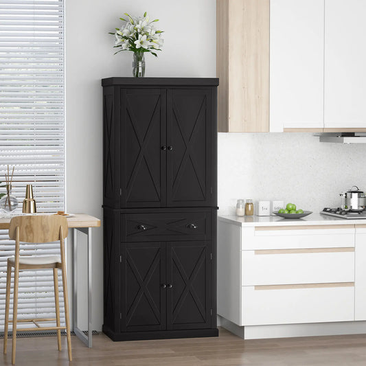 72.5" Kitchen Pantry Cabinet, 4 Doors, Drawer, Adjustable Shelves, Black Kitchen Pantry Cabinets Black at Gallery Canada