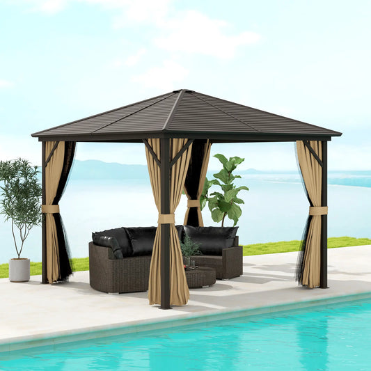 10' x 10' Hardtop Gazebo, Aluminum Canopy, Mosquito Netting, Curtains, Hanging Hook, Brown Gazebos Brown at Gallery Canada