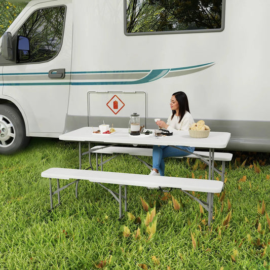 6FT Portable Camping Table Bench Set, Folding Picnic Table with 2 Benches, White Picnic Tables & Camping Chairs White, Light Grey at Gallery Canada