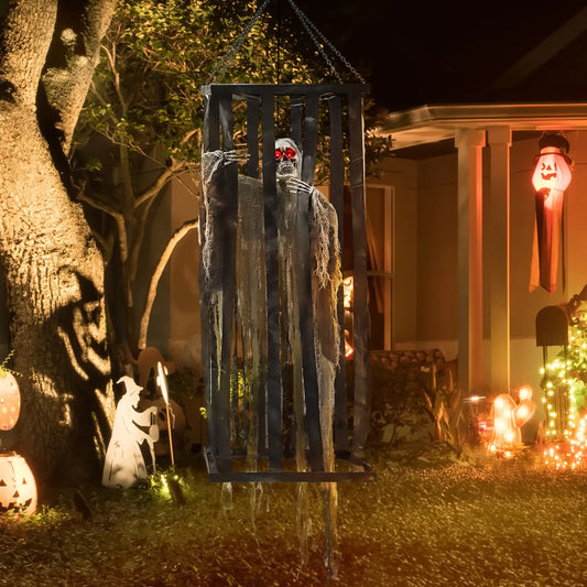 Animatronics Hanging Skeleton Reaper in Cage, Voice-Activated, Flashing Eyes Halloween Decorations Grey Green at Gallery Canada