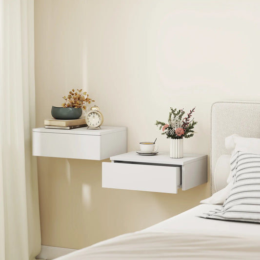 Set of 2 Wall Mounted Bedside Tables, High Gloss Floating Nightstands with Drawer, White Bedside Tables White at Gallery Canada