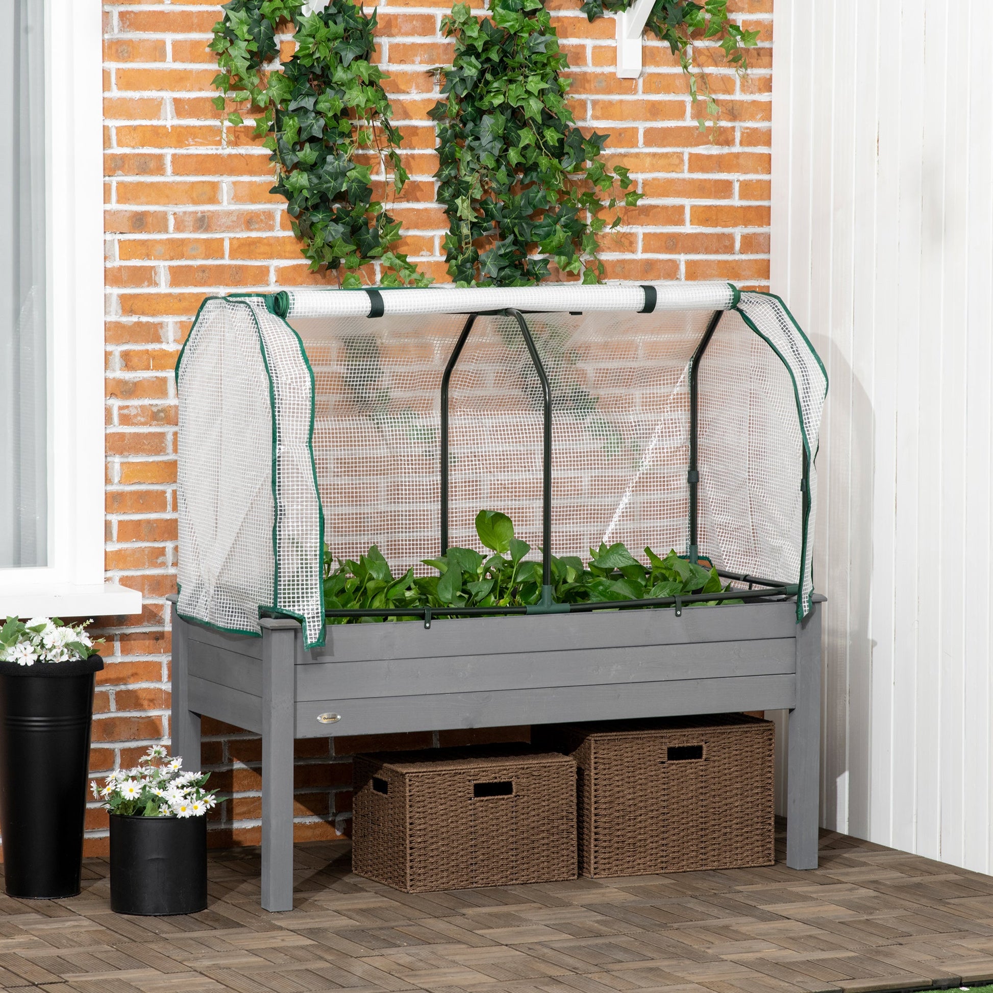 Raised Garden Bed with PE Greenhouse Cover Outdoor Elevated Wood Planter Box for Herbs and Vegetables Dark Gray at Gallery Canada