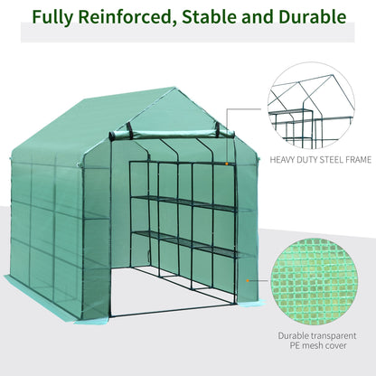 Walk-in Greenhouse Plant Garden Hot House with 3 Tiers 18 Shelves, Roll-Up Zipper Door, Growing Shelter for Flowers, 8' x 6' x 7', Green at Gallery Canada