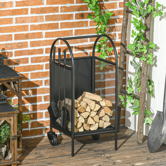 15" Outdoor Firewood Rack With Wheels, Heavy Duty Log Storage, Black Firewood Racks Black at Gallery Canada