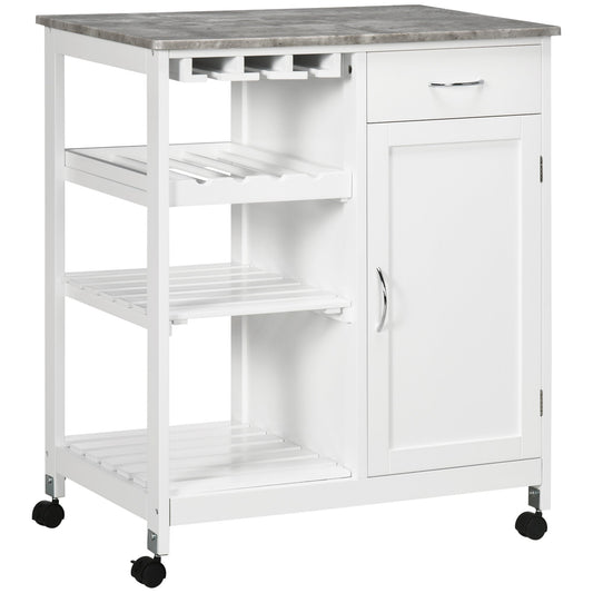 Rolling Kitchen Cart, Bar Cart on Wheels with Wine Rack, Drawer, Open Shelves, Cabinet and Faux Marble Top, Kitchen Island with Storage, White at Gallery Canada
