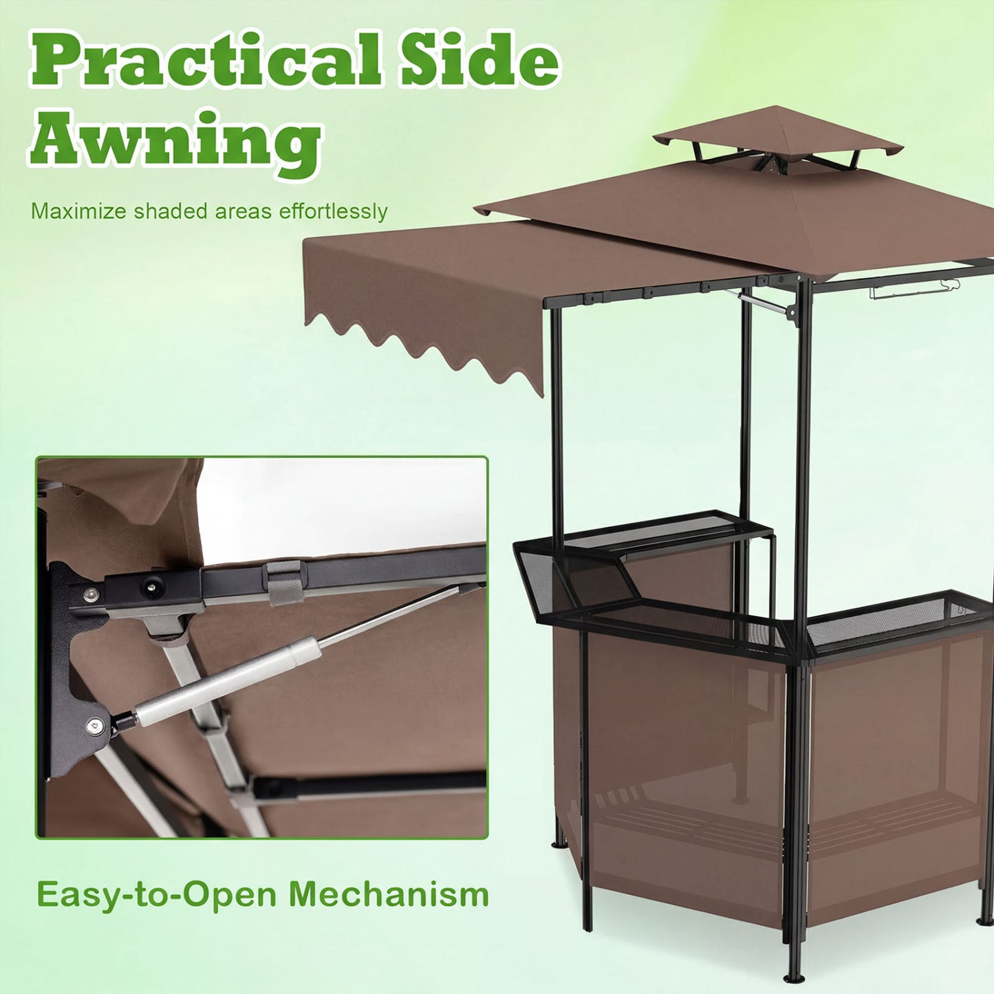 BBQ Gazebo Canopy with 4 Shelves, 6 Hooks, 2 Glass Holders, Brown