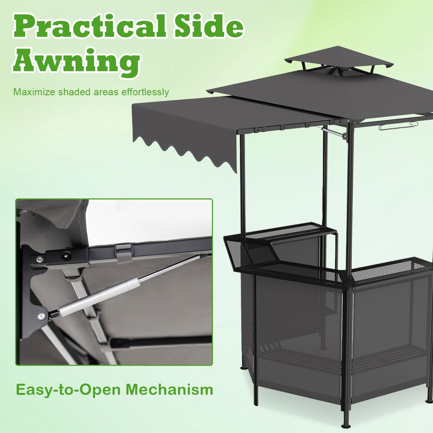 BBQ Gazebo Canopy with 4 Slatted Metal Shelves 6 Hanging Hooks and 2-Row Glass Holders, Black