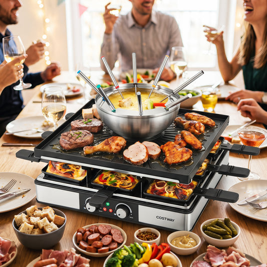 BBQ Grill With Fondue Pot Set, Adjustable Thermostats, For 8 People