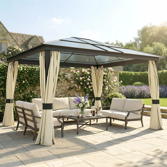 12' x 14' Hard Top Patio Gazebo, Aluminum Shelter, Curtains, Mosquito Netting Gazebos Brownish black frame, Dark brown roof, Beige curtain, black netting at Gallery Canada