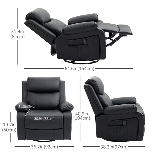 PU Leather Reclining Chair with Vibration Massage Recliner, Swivel Base, Rocking Function, Remote Control, Black - Gallery Canada