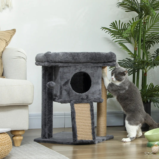 Small Cat Tree Tower with Perch, Scratching Post, Condo, Toy Ball, Dark Grey Cat Trees Dark Grey at Gallery Canada