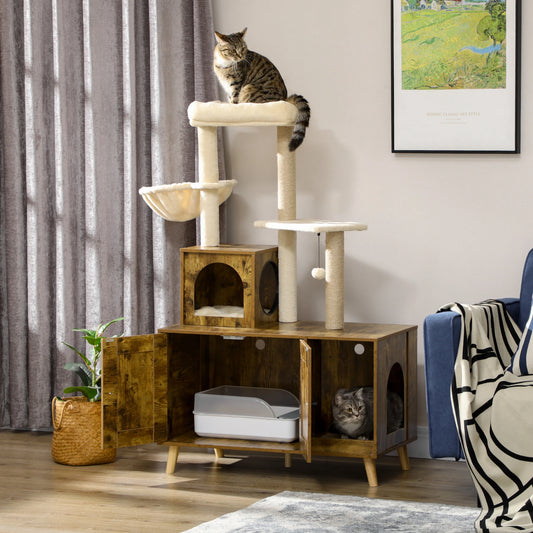 Litter Box Enclosure, Cat Tree Tower, Hidden Washroom Furniture, Rustic Brown Cat Litter Box Enclosures Rustic Brown, Beige, Cream White at Gallery Canada