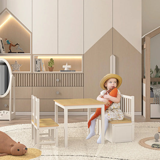 Kids Wood Table Chair Set, 4-Piece, Storage, Easy Clean, Natural, White Kids Table Sets Natural and White at Gallery Canada