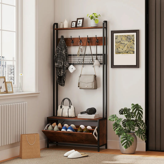 5-In-1 Coat Rack Shoe Bench, Hall Tree with Bench, 10 Hooks, Rustic Brown Clothing Storage Rustic Brown, Black at Gallery Canada