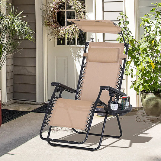 Zero Gravity Reclining Lounger Chair, Canopy Shade, Side Tray, Cupholder, Beige Lounger Chairs Beige at Gallery Canada