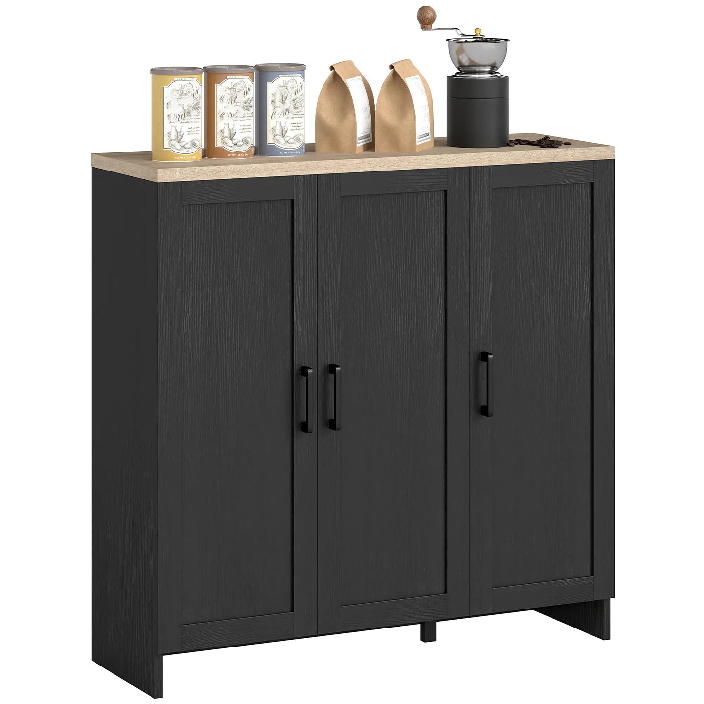 Modern Sideboard Buffet Cabinet, 3 Doors Adjustable Shelves, Black