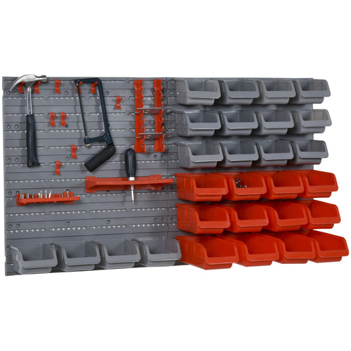 44PC Wall Mounted Storage Bins Parts Rack Kit with Storage Bins, Pegboard and Hooks, Garage Plastic Organizer, Red