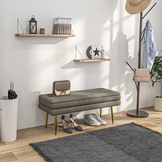 Velvet Upholstered Bench, Thick Padded Seat, Steel Legs, Beige Storage Ottomans & Benches Beige at Gallery Canada