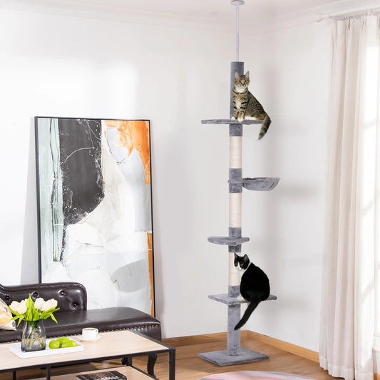 8.5ft Cat Climbing Tree, 5-Tier Activity Center, Scratching Post, Grey Floor to Ceiling Cat Trees Grey at Gallery Canada