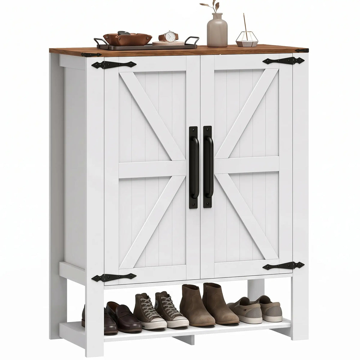 5 Tier Shoe Cabinet, Rustic White, Open Cubby Storage, Rustic White