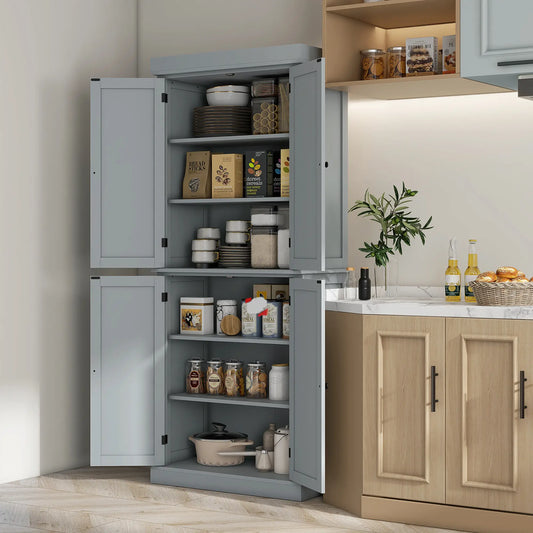 72.5" Freestanding Kitchen Pantry, 4 Doors, Grey Kitchen Pantry Cabinets Grey at Gallery Canada