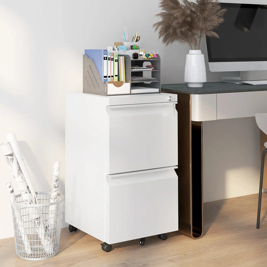 Classeur vertical mobile avec serrure, classeur en acier à 2 tiroirs avec barre de suspension réglable pour format lettre, A4 et légal, blanc