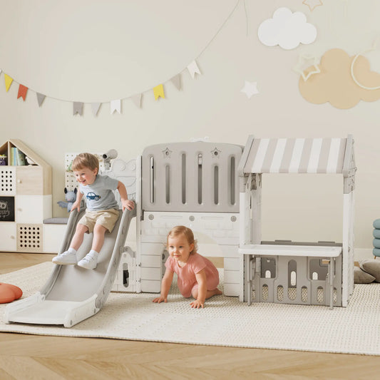 Ensemble de jeu 7 en 1 pour tout-petits avec toboggan, maisonnette, panier de basket, gris