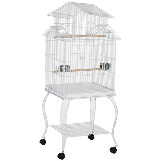 53.9'' Large Rolling Steel Bird Cage Bird House with Detachable Rolling Stand, Storage Shelf, Wood Perch, Food Container, White - Gallery Canada