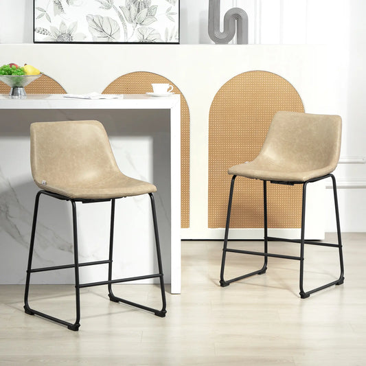 Vintage PU Leather Bar Stools Set of 2, Kitchen Stool with Footrest, Beige Bar Stools Beige at Gallery Canada