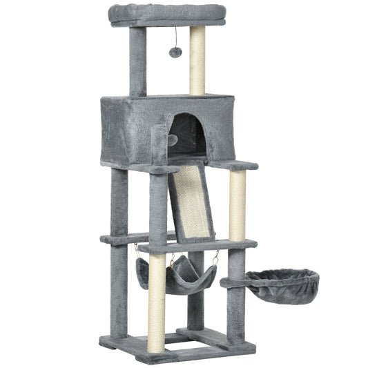 55" Cat Tree for Indoor Cats, Cat Tower, Kitty Activity Center with Cat Bed Ramp Condo Hammocks Hanging Ball Toys Sisal Rope Scratching Post, Grey - Gallery Canada