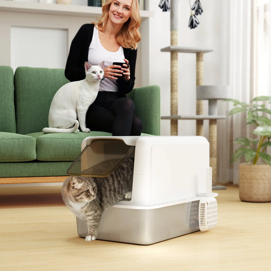 Stainless Steel Cat Litter Box, Removable Lid & Scoop, White Cat Litter Box Enclosures White, Silver at Gallery Canada