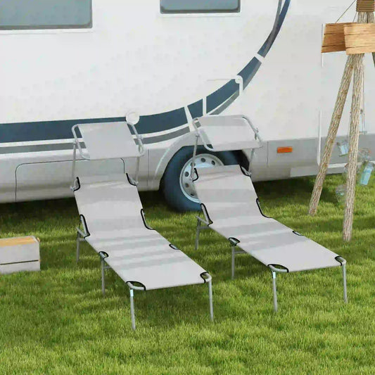 Outdoor Lounge Chair, Adjustable Folding Chaise With Sun Shade, Light Grey Lounger Chairs Light Grey at Gallery Canada