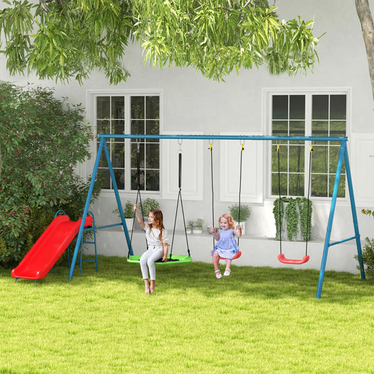 Metal Swing Set, 3 In 1 Design, Nest Swing, 2 Seats, Slide, 352 Lbs, Ages 3-8 Gym Sets & Swings Red, Dark Blue, Green at Gallery Canada