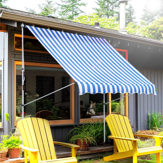 6.6'x5' Manual Retractable Patio Awning, Sun Shade, Water Resistant, Blue Door Awnings Blue and White at Gallery Canada
