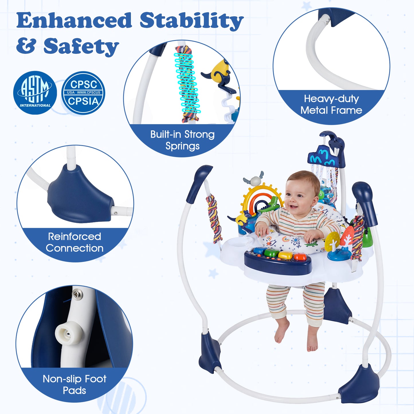 Baby Activity Center, Jumper Bouncer, 6 Interactive Toys, Lights Music, Blue High Chairs at Gallery Canada