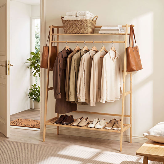 Bamboo Garment Rack, Freestanding Open Wardrobe with Hanging Rod, Natural Coat Racks & Hall Trees Natural at Gallery Canada
