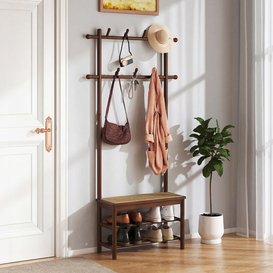 Bamboo Coat Rack With Bench, Shoe Storage, 3-In-1 Entryway, Brown Coat Racks & Hall Trees Brown at Gallery Canada