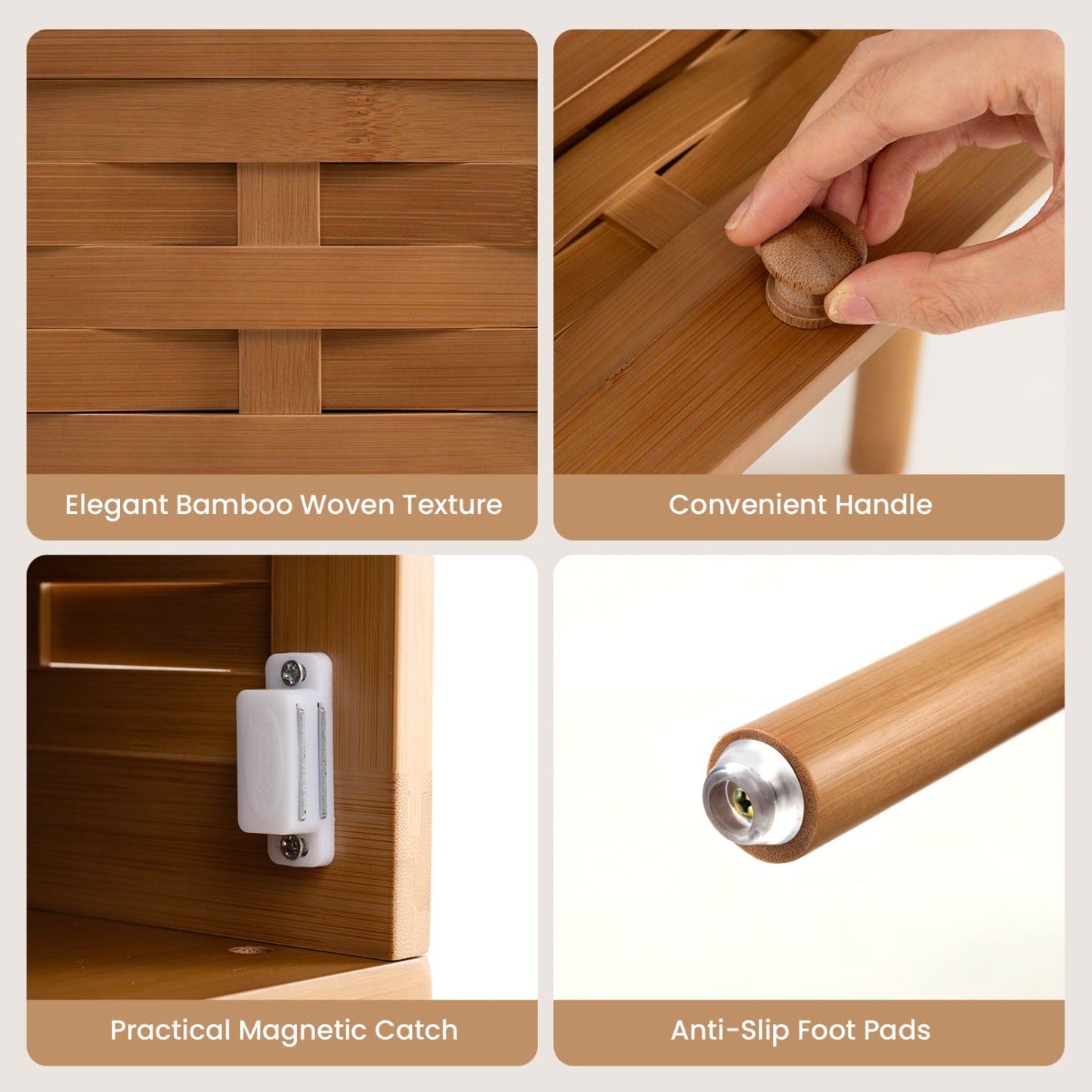Bamboo Rattan Nightstand, with Flip-Up Door & Shelf, Walnut