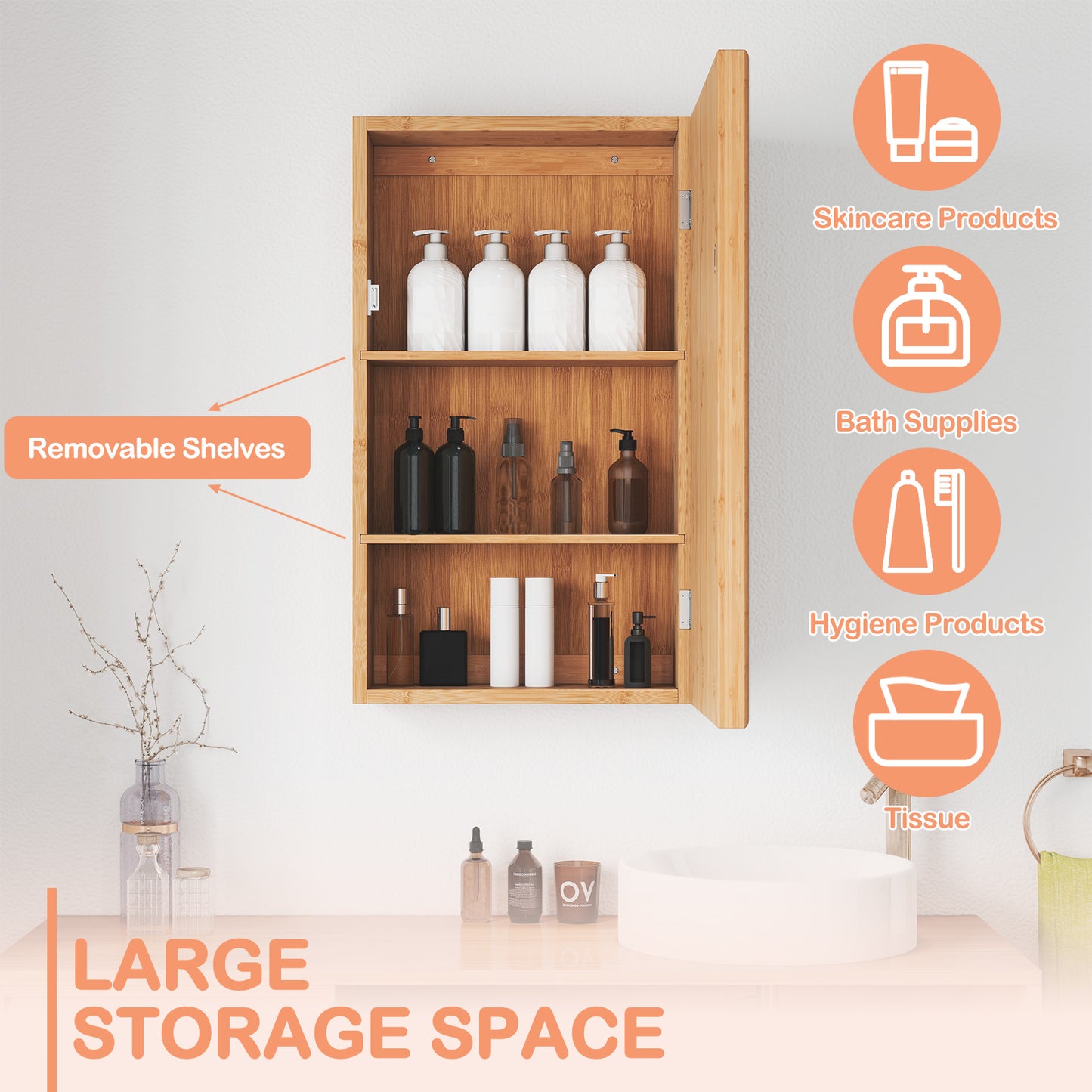 Bamboo Small Medicine Cabinet with Mirror Door and Removable Shelves, Natural Wall Cabinets at Gallery Canada