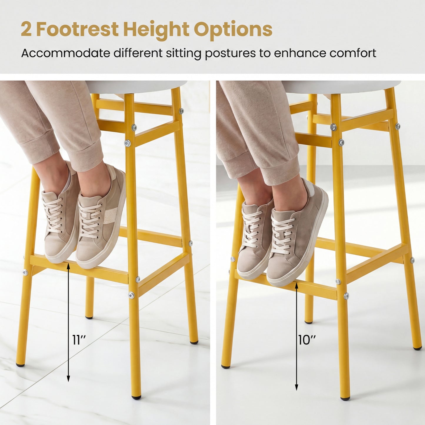 Metal Frame Bar Stools Set of 2, Golden, With Footrest, White Bar Stools at Gallery Canada