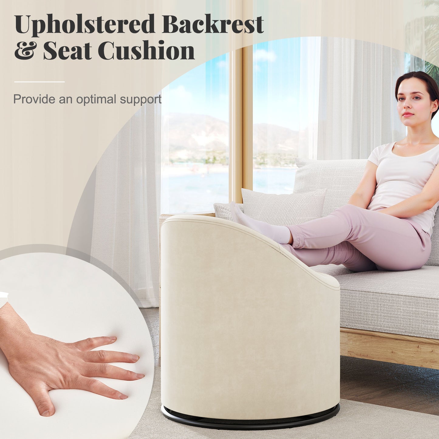 Barrel Chair With Storage, 360° Swivel Upholstered Vanity Chair, Beige Accent Chairs at Gallery Canada