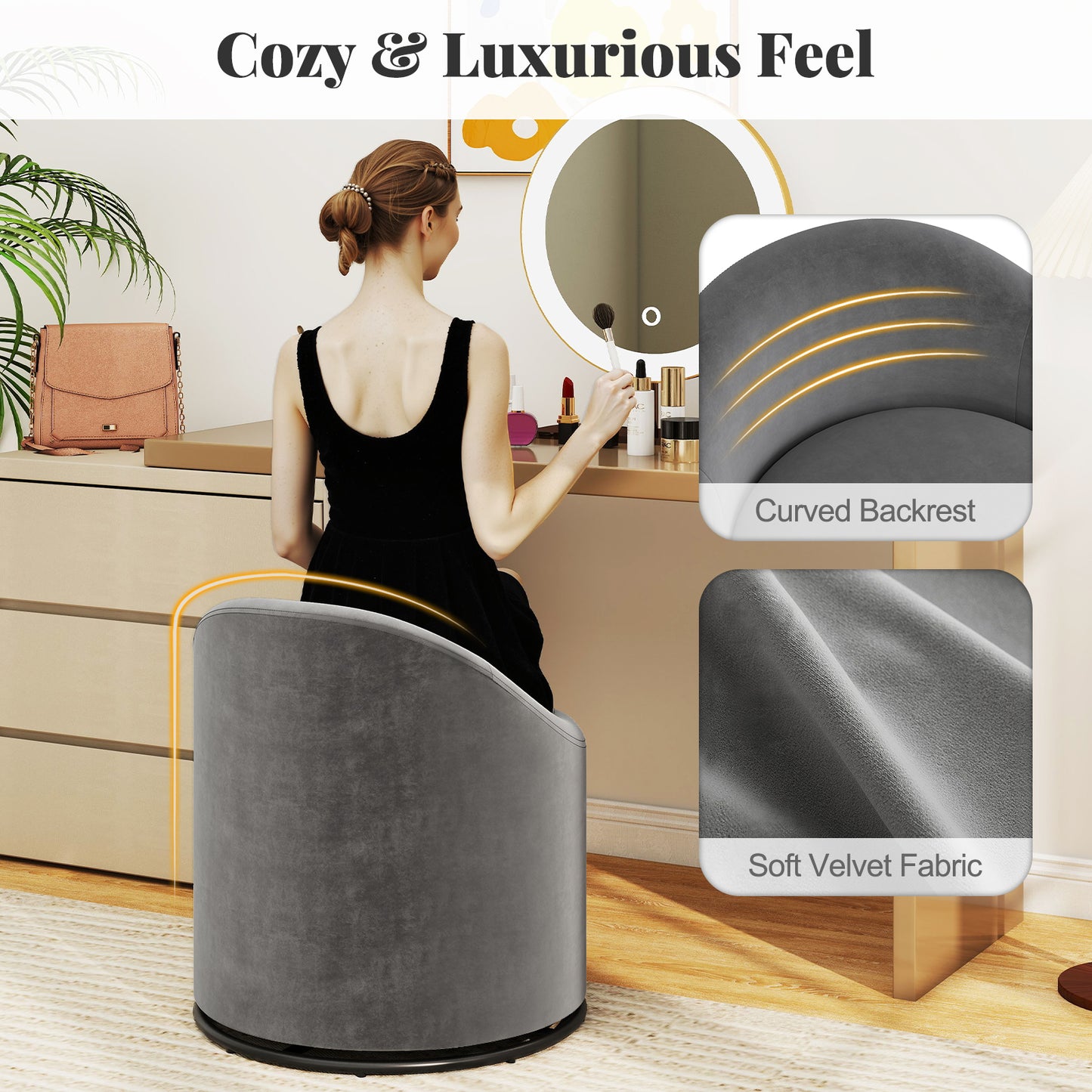 Barrel Chair With Storage, 360° Swivel Upholstered Vanity Chair, Gray Accent Chairs at Gallery Canada