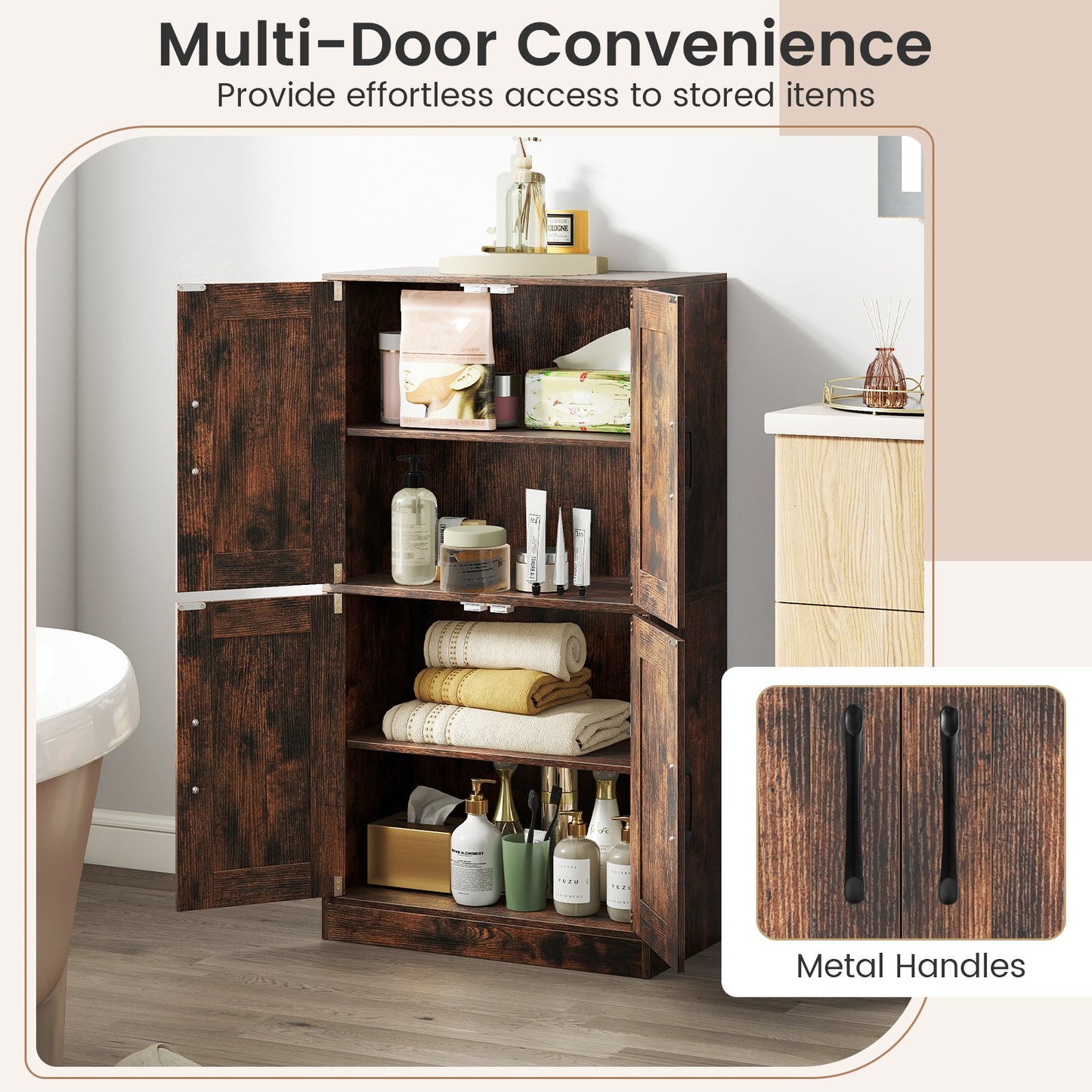 Bathroom Cabinet 43.5 inch Storage Cabinet with Doors and Adjustable Shelves, Rustic Brown Floor Cabinets at Gallery Canada