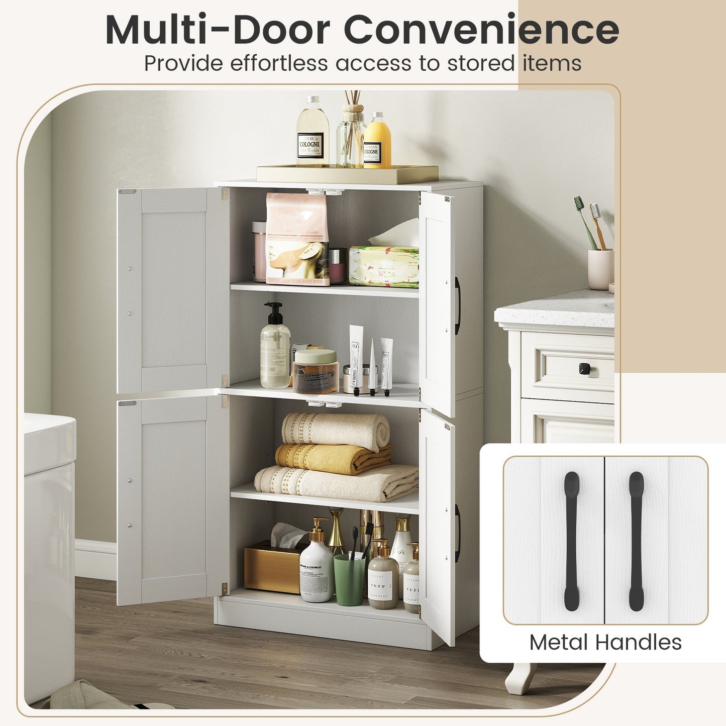 Bathroom Cabinet 43.5 inch Storage Cabinet with Doors and Adjustable Shelves, White Floor Cabinets at Gallery Canada